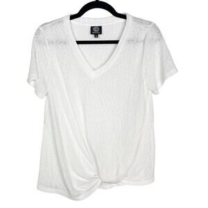 Bobeau Womens Small S White V Neck Twist Hem T Shirt Short Sleeve Slub Knit Tee